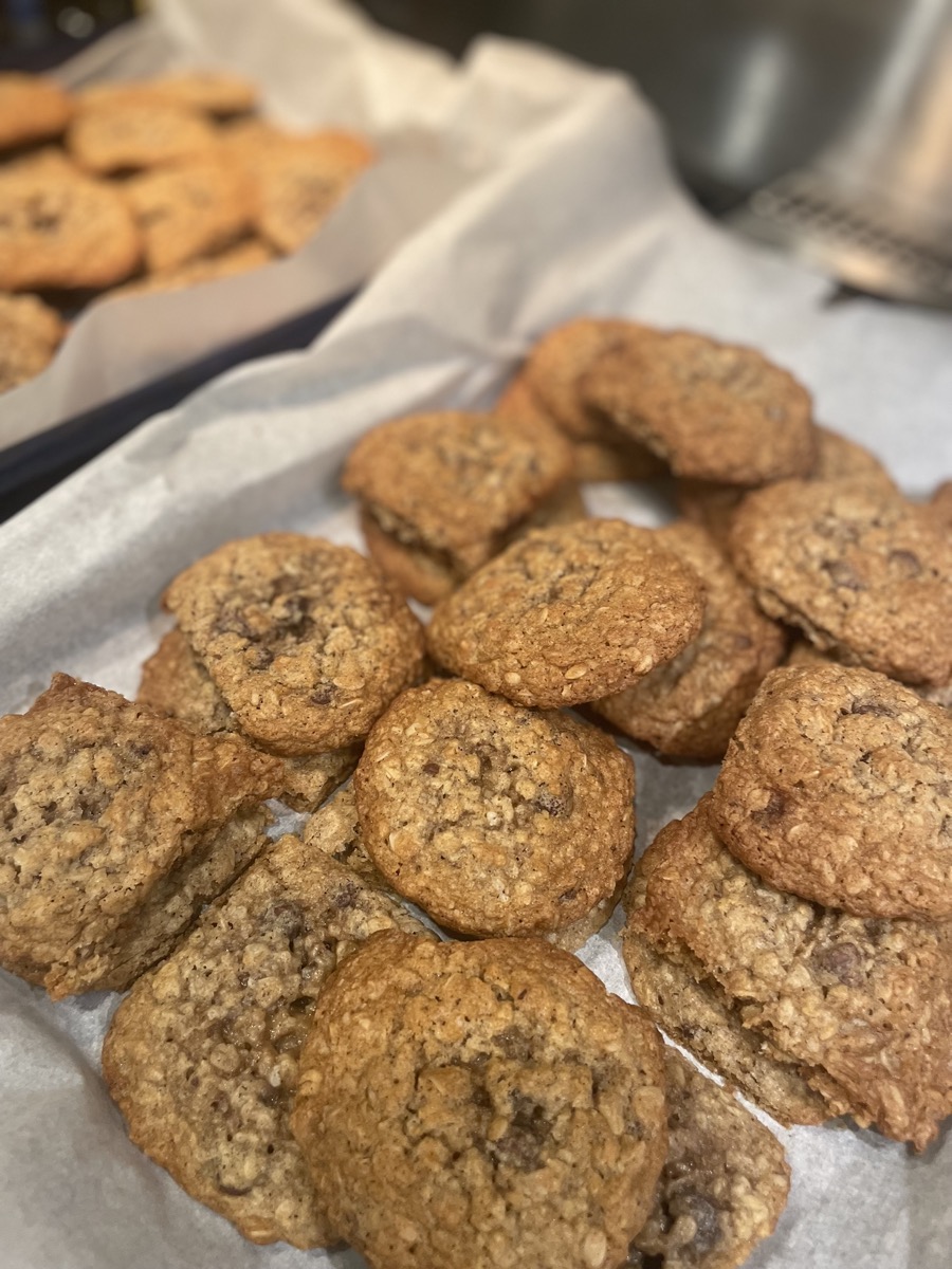 A close-up of oatmeal chocolate chip cookies