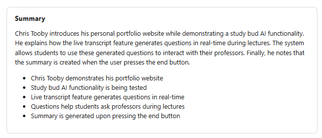 Paragraph summary and bullet points generated when the lecture ends